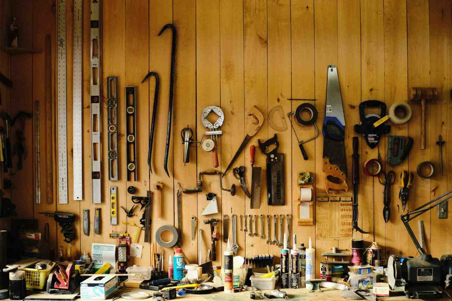Workshop tools hanging on wall